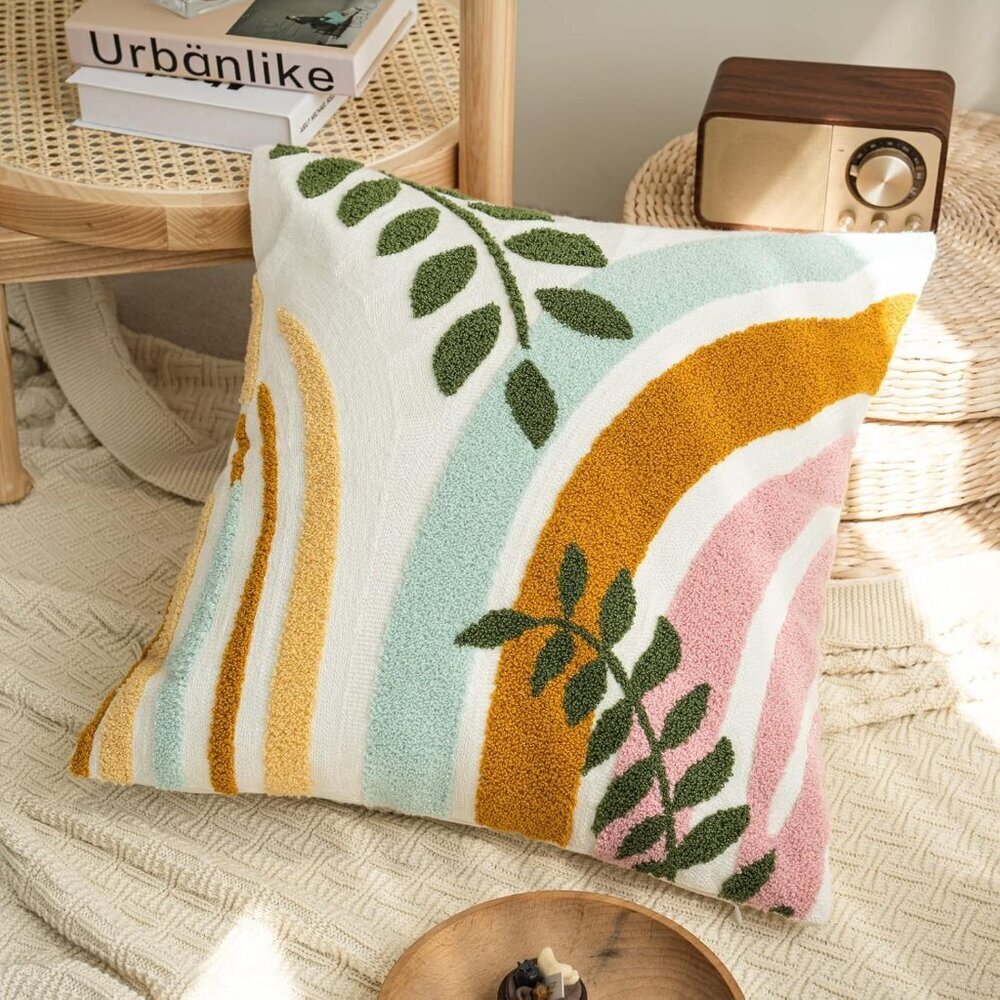Stylish Bohu Colorful Throw Pillow Covers 18x18,Soft Mid Century Floral Minimali - Picture 5 of 8